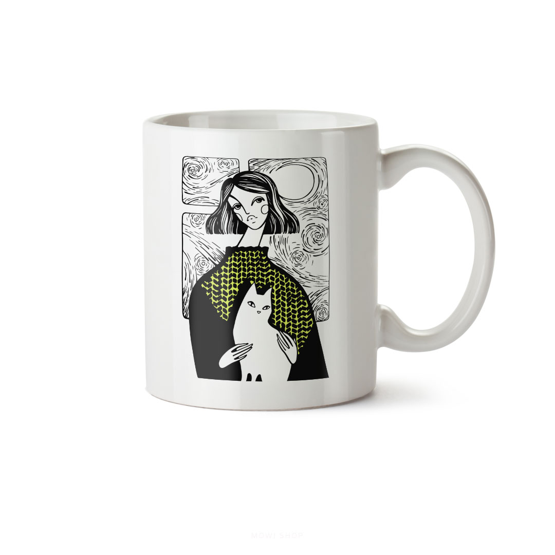 ماگ سرامیکی ساده طرح دخترانه فانتزی دختر و گربه کد MUG-155