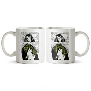 ماگ سرامیکی ساده طرح دخترانه فانتزی دختر و گربه کد MUG-155