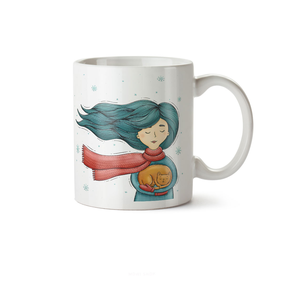 ماگ سرامیکی ساده طرح دخترانه دختر و گربه کد MUG-196