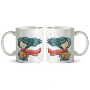 ماگ سرامیکی ساده طرح دخترانه دختر و گربه کد MUG-196